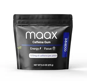 Maax Caffeine Energy Gum | Focus Gum | 125 mg of kafein per parça başına | Coolmint | çanta başına 125 toplam parça