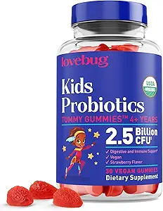 LOVEBUG Kids Probiotic Gummies – Organic Chewable Probiotics for Kids Aged 4+, Soil- Based Children’s Probiotic for Gut Health,Constipation,Digestive & Immune Support, Vegan, 30 Chews, Strawberry