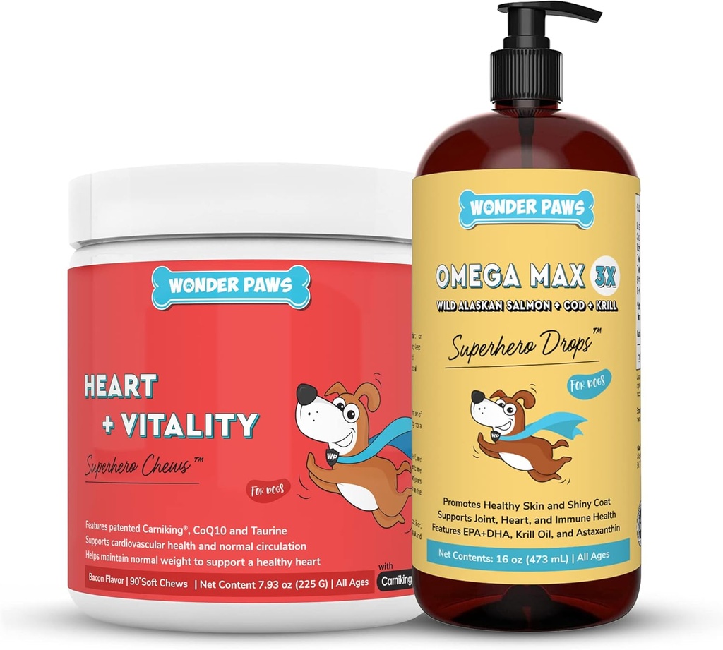 WONDER PAWS Kalp + Vitality Superhero Chews Plus Omega Max Fish Oil - Köpekler Kalp Sağlığı, Cilt ve Ortak Bakım Ve Immune Desteği - Kalp + Vitality 90 Chews - Omega Max 16 Ounces