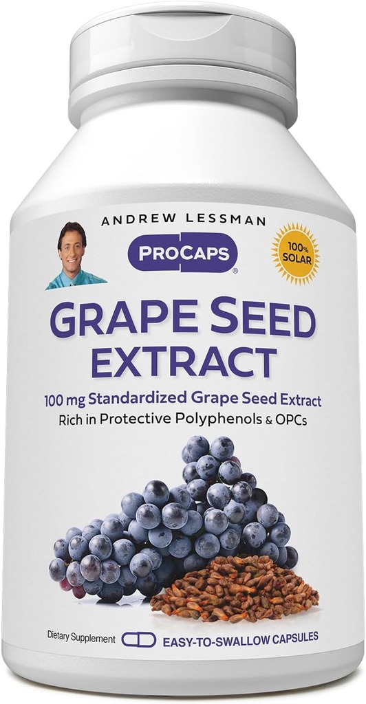 ANDREW LESSMAN Grape Tohumu 180 Capsules - 100 mg Standartlaştırılmış Ekstraksiyon, Anti-oksi, Neutralizes Damaging Free Radikals, Supports Health Circulation. Koruyucu Polifenollerde Zengin