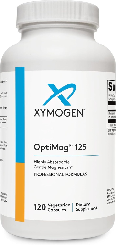 XYMOGEN OptiMag 125 - Di-Magnesium Malate & Glycinate Lysinate to Support Nerve, Muscle, Bone Health + Heart Health (120 Capsules)