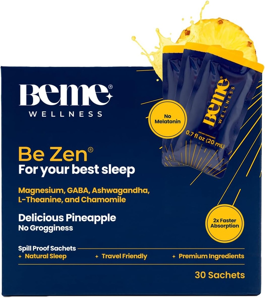 BeMe BeZen Sleep Aid Supplement Natural Without Melatonin - 2X Ab component Than Pills - Magnezyum ile Yetişkinler için Uyku Yardımları, Ashwagandha, Chamomile, L-Theanine & GABA - Delicious Pineapple