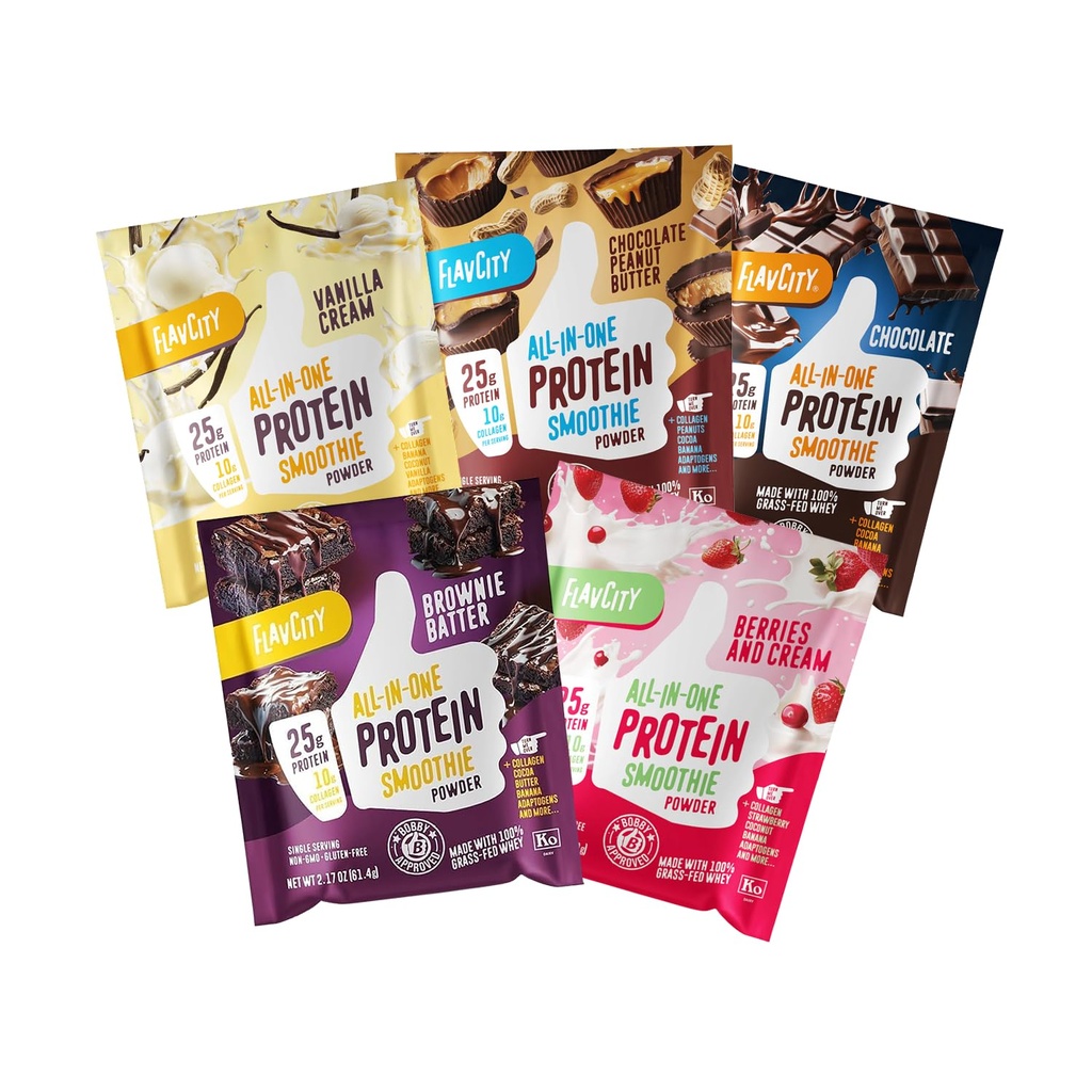 FlavCity Grass Fed Whey Protein Toz - Çeşitli Paket - 25g Protein & 10g Collagen - 5 Single Serve Packets - Organik Reishi & Cordyceps - Gluten Free & No Ek Olmayan Şekerler