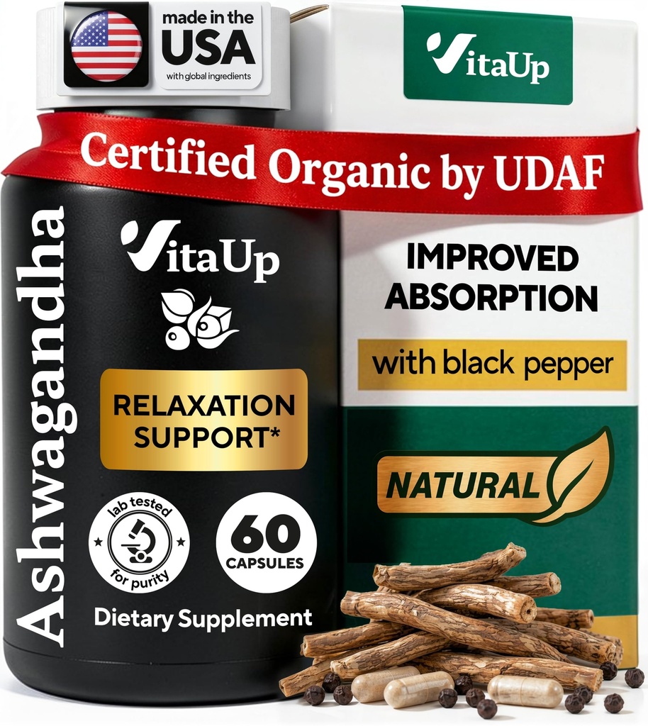 Ashwagandha Κάψουλες 1310mg με Μαύρο Πιπέρι - USA Made Ashwagandha Συμπληρώματα για την υποστήριξη χαλάρωσης, Κανονική Γνωστική Λειτουργία & Ισορροπημένα Επίπεδα Ενέργειας – 60 Caps