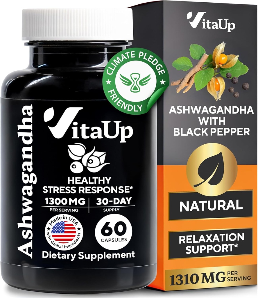 Ashwagandha Κάψουλες 1310mg με Μαύρο Πιπέρι - USA Made Ashwagandha Συμπληρώματα για την υποστήριξη χαλάρωσης, Κανονική Γνωστική Λειτουργία & Ισορροπημένα Επίπεδα Ενέργειας – 60 Caps