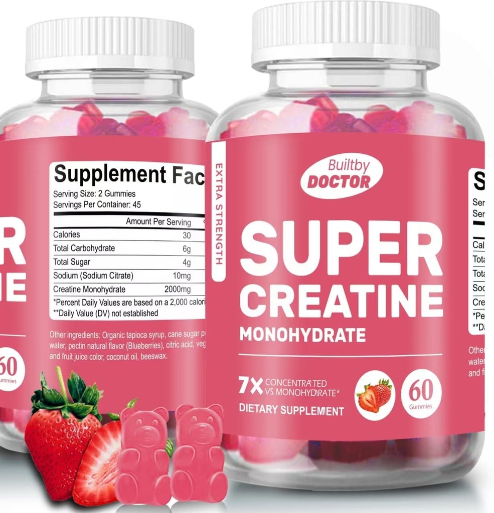 Erkekler ve kadınlar için Süper Kretan Monohidrat Gummies, Sugar-Free, 30 Hizmetler, 5g of Kretine Per, Vegan, Gluten-Free, Bodybuild Recovery Supplement to Art Kas Boyut ve Güçlük