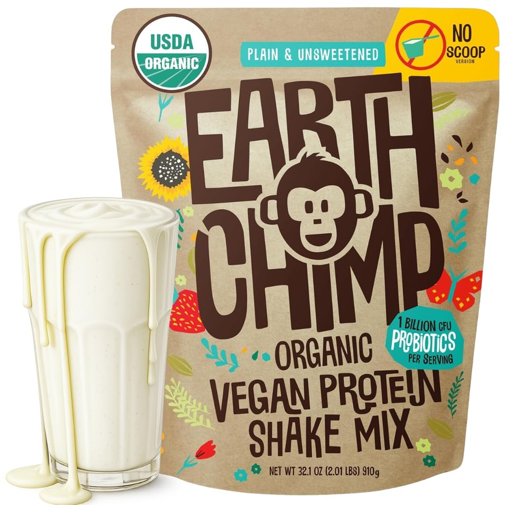 DünyaChimp Organik Vegan Protein Tozu - Probiyotiklerle - GMO, Süt Ücretsiz, Whey, Fabrika Kadınlar ve Erkekler için Temel Protein Tozu, Gluten Free - 26 Hizmet 32 Oz (Plain & Unsweetened) Hayır Scoopop