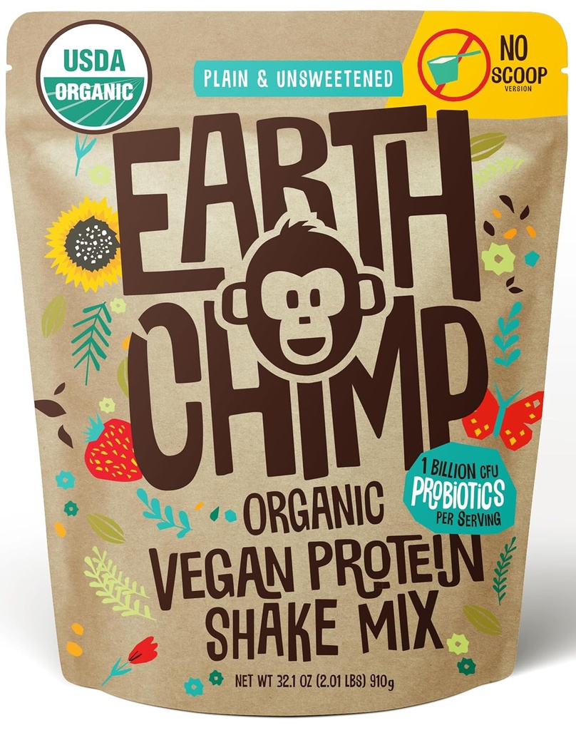 EarthChimp Organic Vegan Protein Powder - με Προβιοτικά - Μη ΓΤΟ, Γαλακτοκομικά, Μη Ορός γάλακτος, Πρωτεΐνες με βάση το φυτό Σκόνη για γυναίκες και άνδρες, Χωρίς γλουτένη - 26 Μερίδες 32 Oz (Plain & Uncoweed) No Scoop