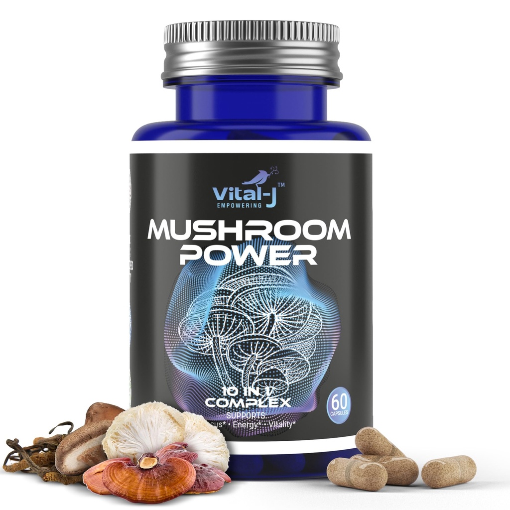 Mushroom Power Complex 10in-1 W/Cordyceps, Reishi, Shiitake & Lions Mane, Nootropic Diyetary Supplement for Gut Microbiome, Focus, Energy & Vitality - 60 Capsules