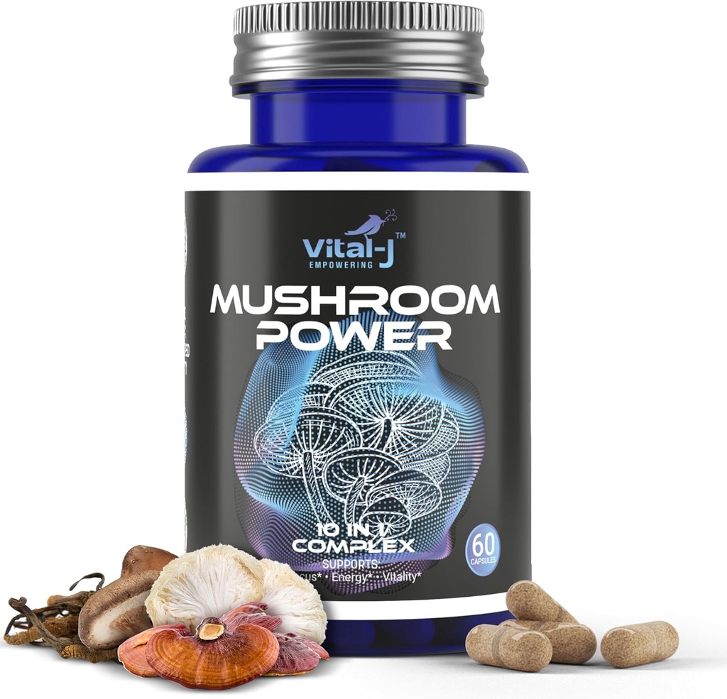 Mushroom Power Complex 10in-1 W/Cordyceps, Reishi, Shiitake & Lions Mane, Nootropic Diyetary Supplement for Gut Microbiome, Focus, Energy & Vitality - 60 Capsules