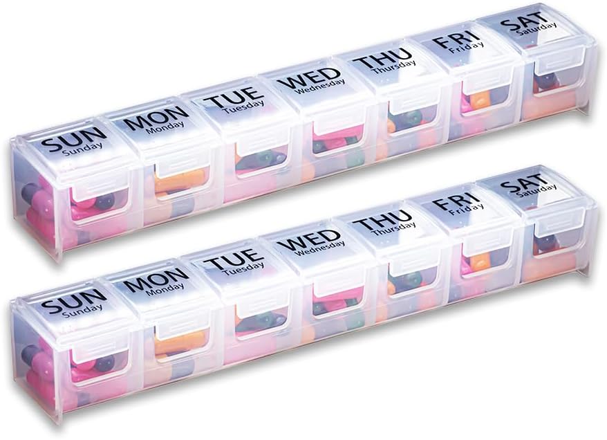 GMS Weekly Pill Organizer - 7-Day Labeled Compartment Pill Case for Supplements, Vitamins and Medication - Secure Latches - Ideal for Daily Use & Travel - Clear - 2 Pack