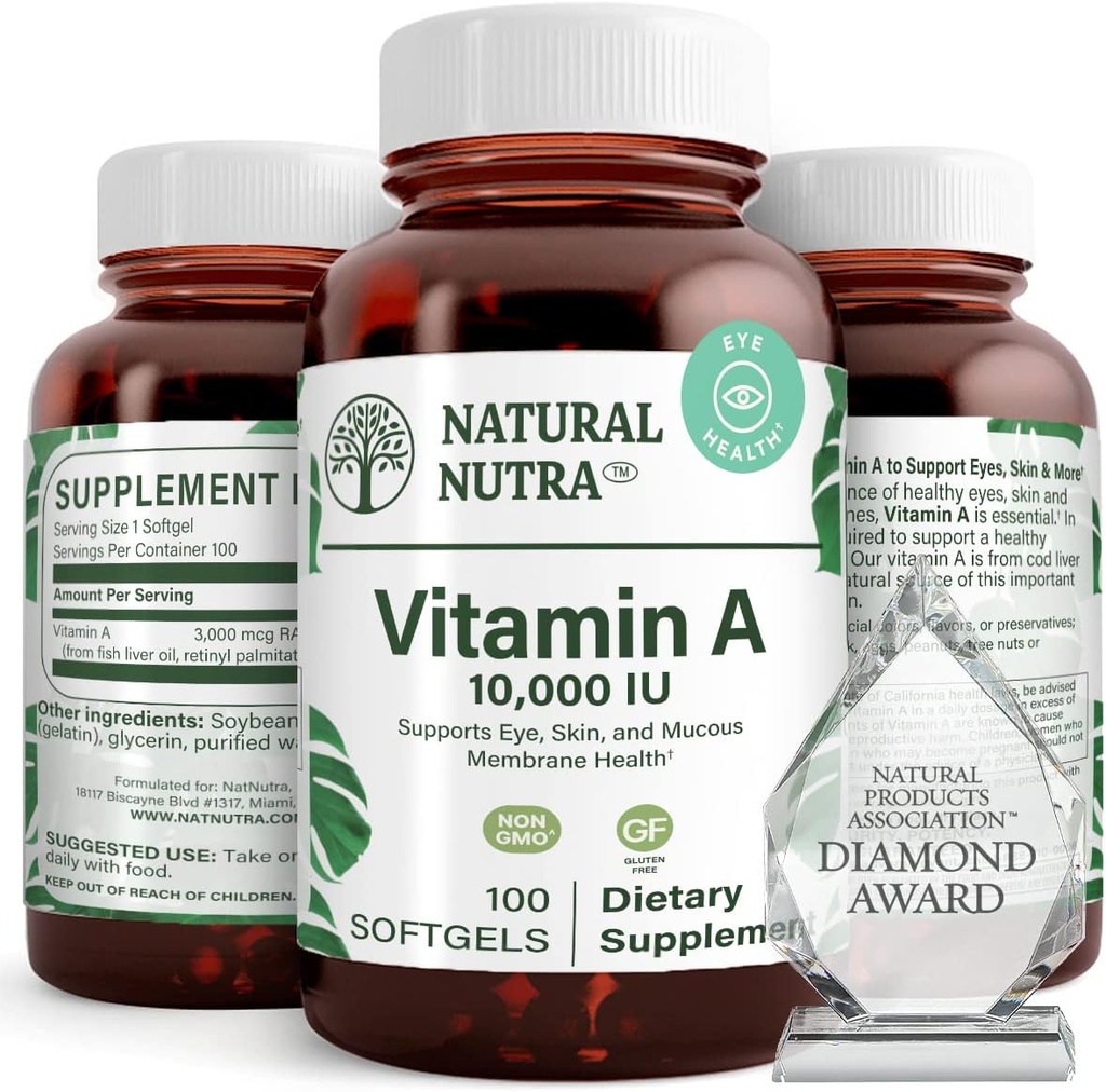 Doğal Nutra Vitamini 10.000 IU Softgels - Yüksek Potency Eye ve Skin Vitaminleri - Sight & Skin Health için ücretsiz A Supplement - Erkekler ve Kadınlar için Balık Canlı Yağı