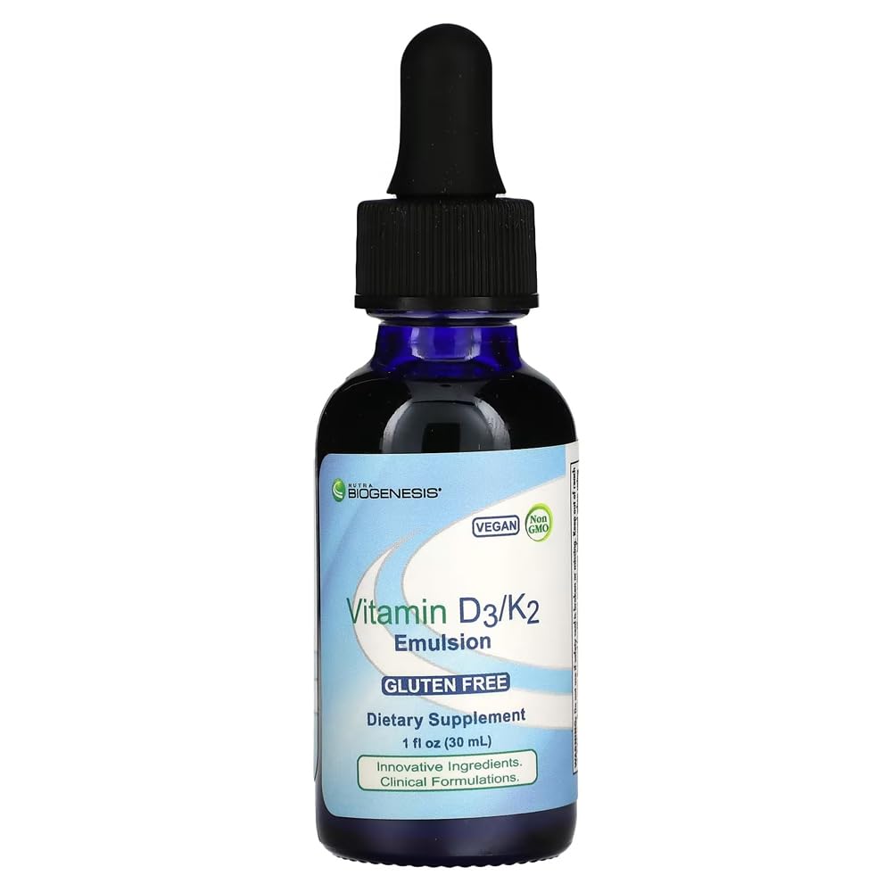 Nutra Biogenesis Vitamin D3/K2 Emulsion - Υγρή βιταμίνη D σταγόνες με MCT Oil, D3 K2 συμπλήρωμα για ενήλικες και παιδιά, Υπογλώσσιο σταγονόμετρο για γυναίκες και άνδρες - 1 fl Oz μπουκάλι (30 ml)