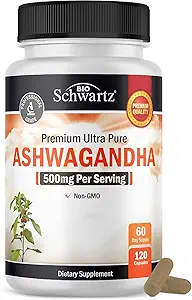 BioSchwartz Ashwagandha Supplements - Ekstra Güçlü Ashwagandha Capsules 500 mg Per Servis - Gluten Free, Non-GMO, ABD'de Global Kaynaklanmış Malzemeler ile Yapıldı, 60 Hizmet (120 Kont)