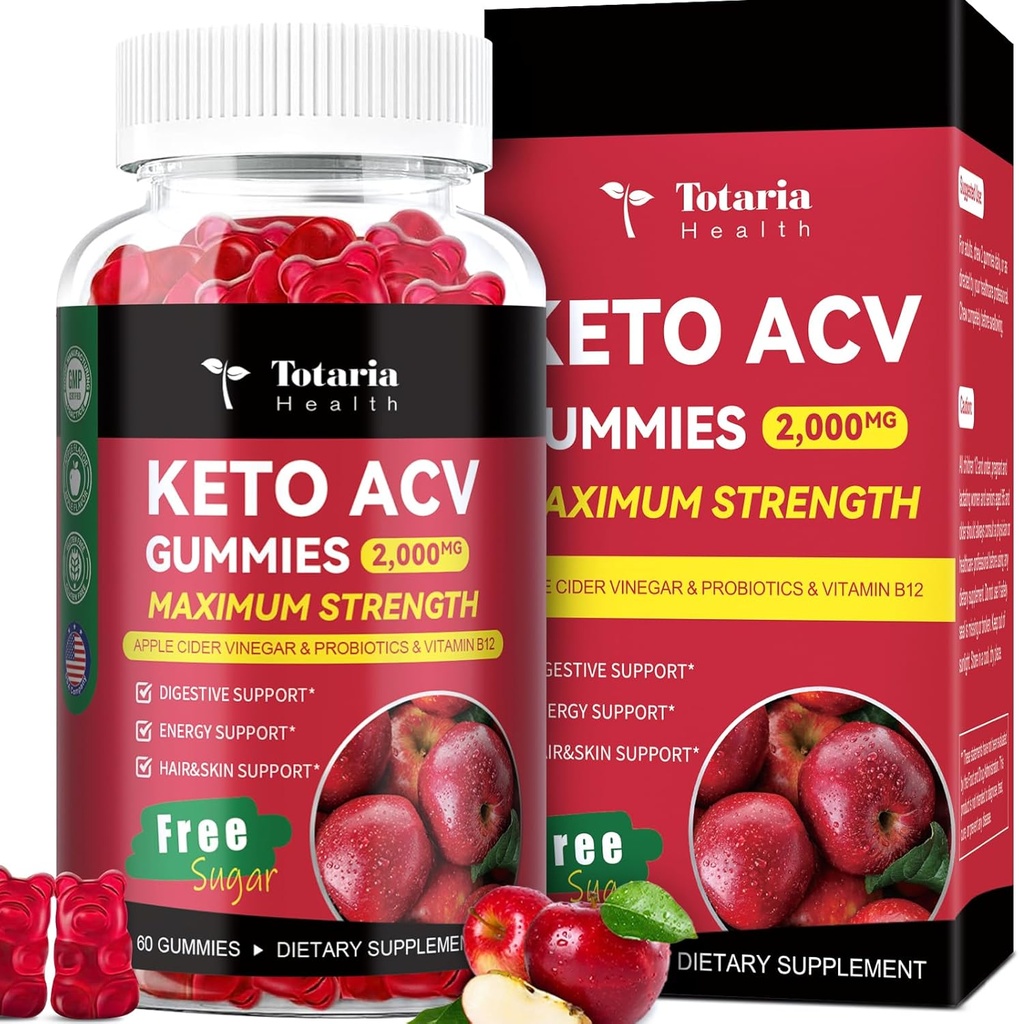 Totaria Keto ACV Gummies - 2000mg μηλίτη μηλίτη γκέμια ζάχαρη-ελεύθερος υποστήριξη Stature Υγεία με προβιοτικά, B12, συμπληρώματα κετο για γυναίκες & άνδρες, 60 κόμητες