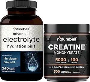 NatureBell Kretine Monohidrat Toz & & Advanced Electrolyte Hydration Pills Paket | Yüksek Apsiyon Mikronized Kretine | Hızlı Hydrating Keto Electrolytes