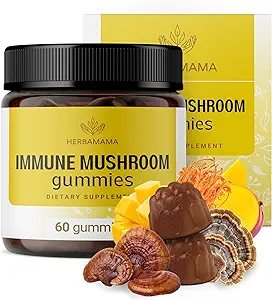 HERBAMAMA Immune Support Mushroom Gummies - Multi Mushroom Blend Kompleksi - Vegan, Non-GMO Immunity Supplement - 60 Pectin-Based Mango-Flavored Chews