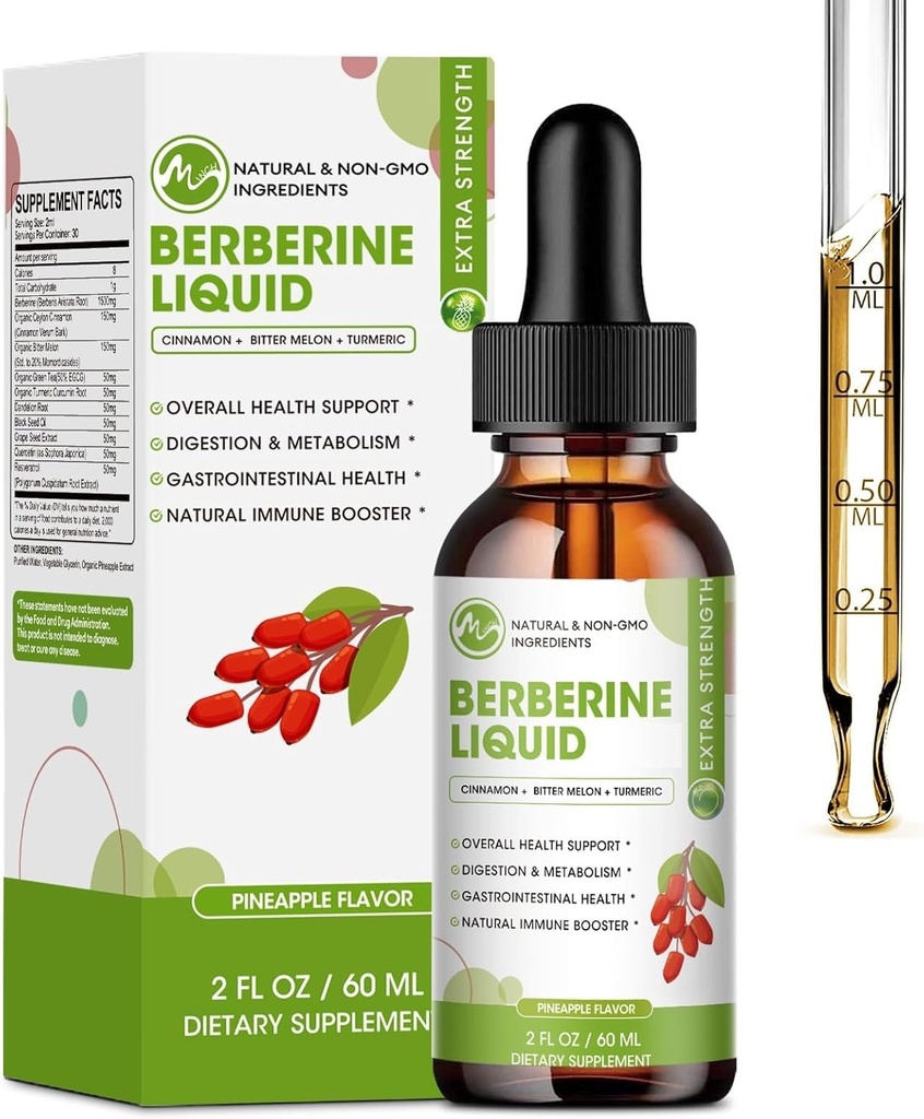 Berberine Supplement Liquid Drops, Ceylon Cinnamon, Turmeric, Resveratrol, Bitter Melon, & More-Extra Strength Vegan Supplement, Supports Immune System & Digestive System