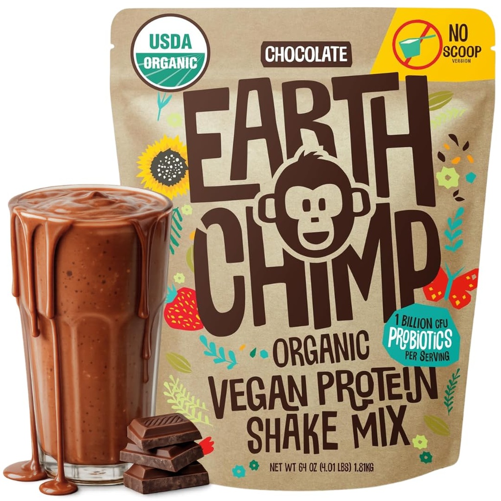 DünyaChimp Organik Vegan Protein Tozu - Probiyotiklerle - GMO, Süt Ücretsiz, Whey, Fabrika Kadınlar ve Erkekler için Temel Protein Tozu, Gluten Free - 52 Hizmetler 64 Oz (Chocolate) No Scoopop