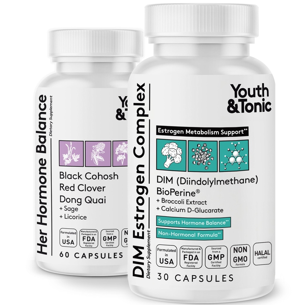 Youth & Tonic Menopause & PMS Support for Women Through Balanced Estrogen Metabolism – DIM Black Cohosh Red Clover Dong Quai Soy Isoflavones