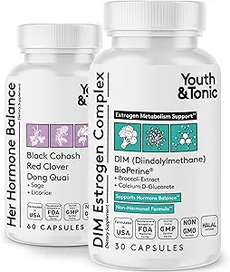 Youth & Tonic Menopause & PMS Support for Women Through Balanced Estrogen Metabolism – DIM Black Cohosh Red Clover Dong Quai Soy Isoflavones