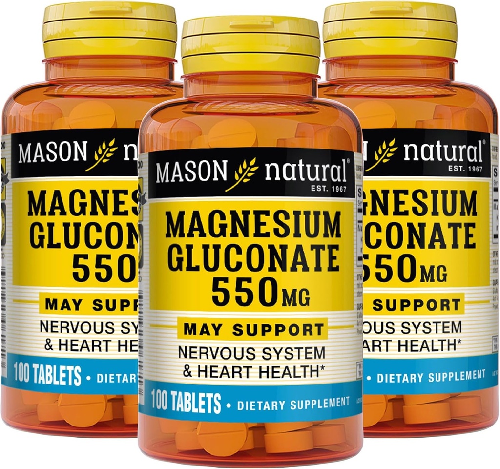 Mason Natural Magnezyum Gluconate 550 mg, Normal Sağlıklı Kalp ve Nervous Sistem Desteği için 300 Günlük Tedarik, 100 Tablet (Pazar 3)