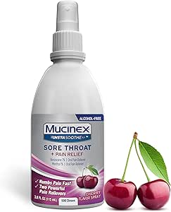 Mucinex Instasoothe Sore Throat Spray for Oral Pain Relief, Throat Numbing Spray with Benzocaine & Menthol Starts to Work on Contact, Cherry Flavor, 3.8 Fl Oz Oz