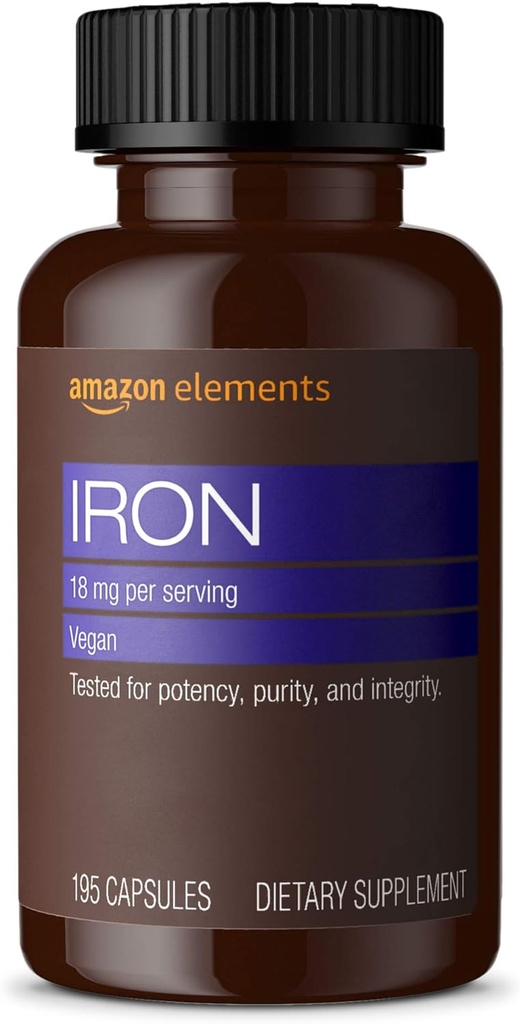Elements Iron 18mg Capsules, Red Blood Cell Production, Vegan, 195 Count, 6 aylık tedarik (Pazarlama değişebilir)