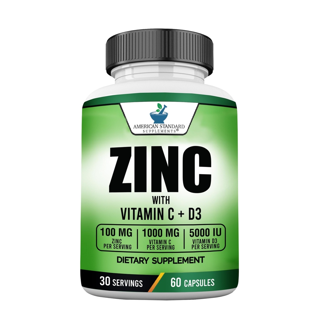 American Standard Supplements çinko 100 mg, C 1000 mg ve D3 5000 IU (125mcg) Sürekli - Gluten Free, Non-GMO, 60 Capsules, 30 Servisler