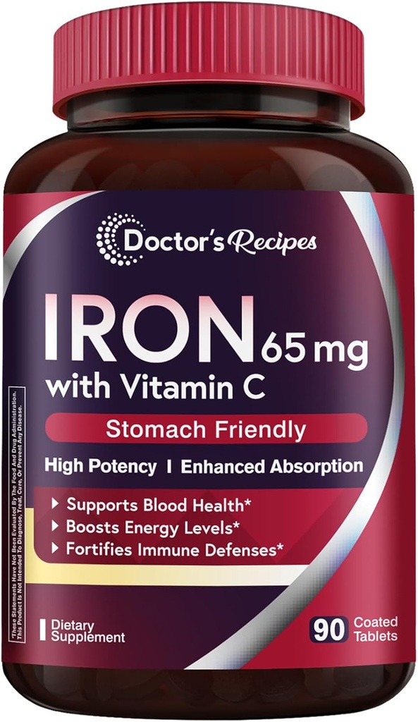 Doctor's Recipes Iron Supplement 65 mg with Vitamin C - Μεγιστοποιημένη Απορρόφηση & Στομάχι Φιλικά Χάπια σιδήρου για τα κόκκινα αιμοσφαίρια Σχηματισμός, καρδιά, εγκέφαλος και ανοσία Υγεία - Vegan Non-GMO 90 Σιδήρου δισκία