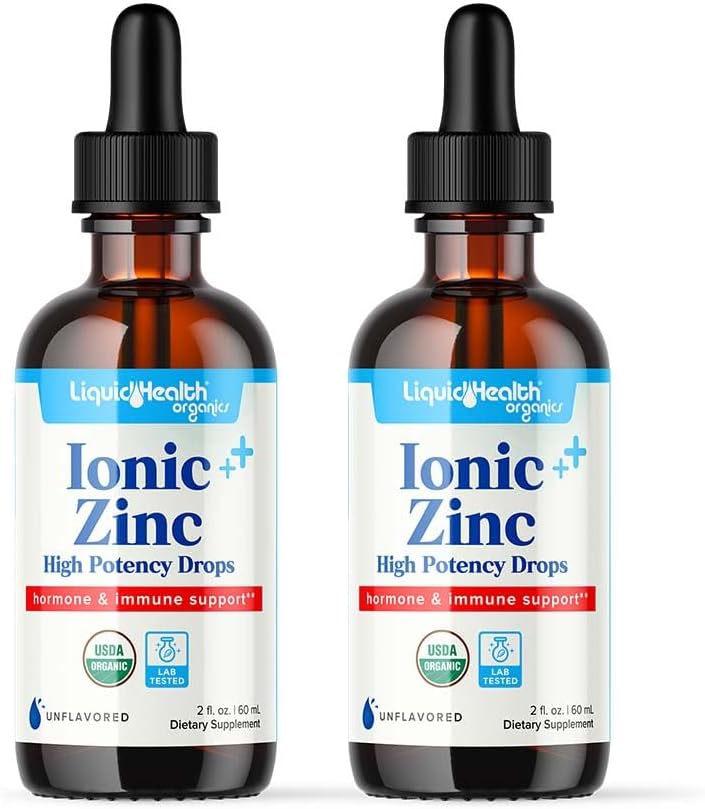 LIQUIDHEALTH USDA Organik Ionic çinko Yüksek Potency Drops - Trace Mineral Vitamini Yetişkinler, Çocuklar - Immune & Digestive Support, Skin & Yara Sağlığı - ABD Made, Vegan, Non-GMO (2 Pack)