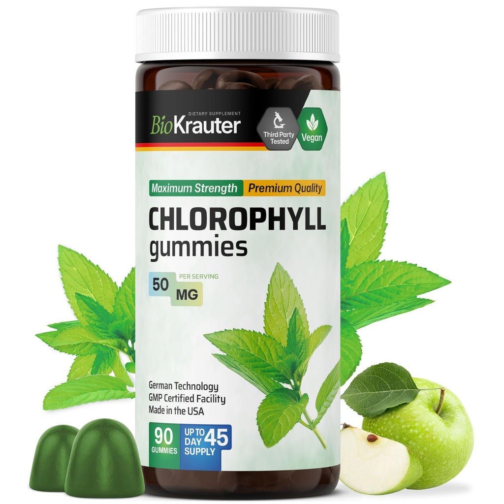 BIO KRAUTER Chlorophyl Gummies - 90 μάσημα - Χλωροφύλλη Συμπληρώματα - Φυσικό δέρμα & Detox Υποστήριξη - Vegan, Pectin Based, Μη ΓΤΟ Chews