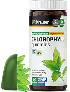 BIO KRAUTER Chlorophyl Gummies - 90 μάσημα - Χλωροφύλλη Συμπληρώματα - Φυσικό δέρμα & Detox Υποστήριξη - Vegan, Pectin Based, Μη ΓΤΟ Chews