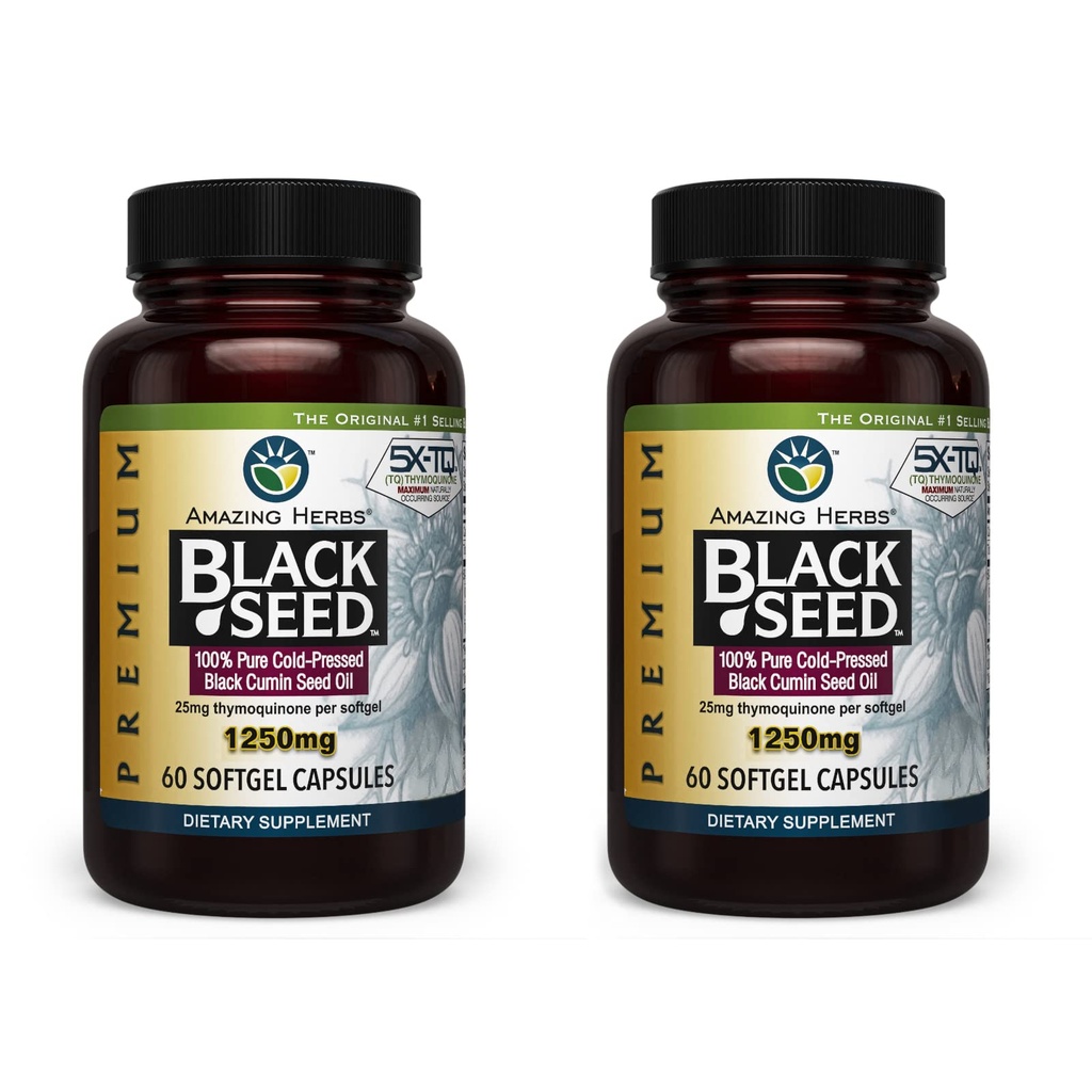 Amazing Herbs Premium Black Seed Oil Κάψουλες - Υψηλής ισχύος, Ψυχρή πίεση Nigella Sativa Aids σε Digestive Υγεία, Ανοσολογική υποστήριξη & λειτουργία του εγκεφάλου - 60 Count, 1250mg (πακέτο του 2)