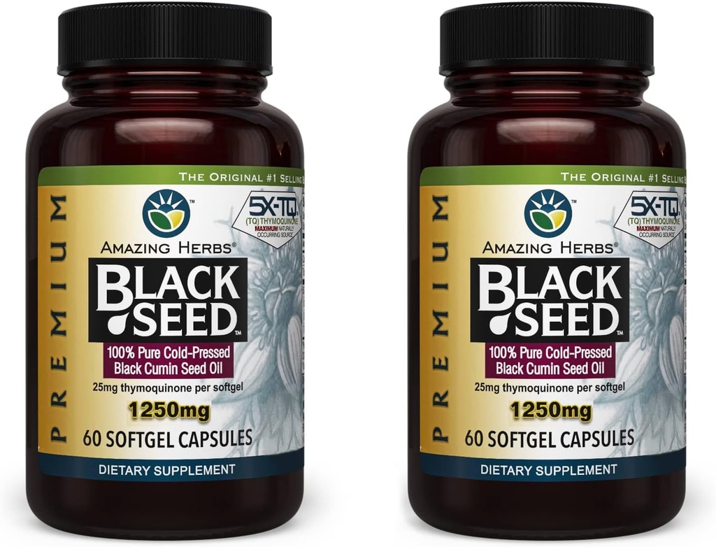 Amazing Herbs Premium Black Seed Oil Capsules - Yüksek Potency, Cold Pressed Nigella Sativa Aids in Digestive Health, Immune Support & Brain Function - 60, 1250 mg (Pack of 2)