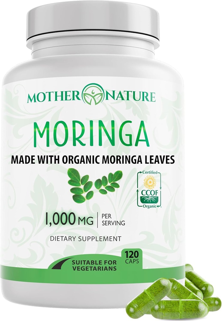 Μητρική Φύση Οργανικές κάψουλες Moringa – Οργανική σκόνη φύλλων Moringa, ενιαία προέλευση, ενέργεια & ανοσοποιητική υποστήριξη, μεταβολισμός, εστίαση, βιταμίνη C – Vegan, 500mg, 120 κάψουλες