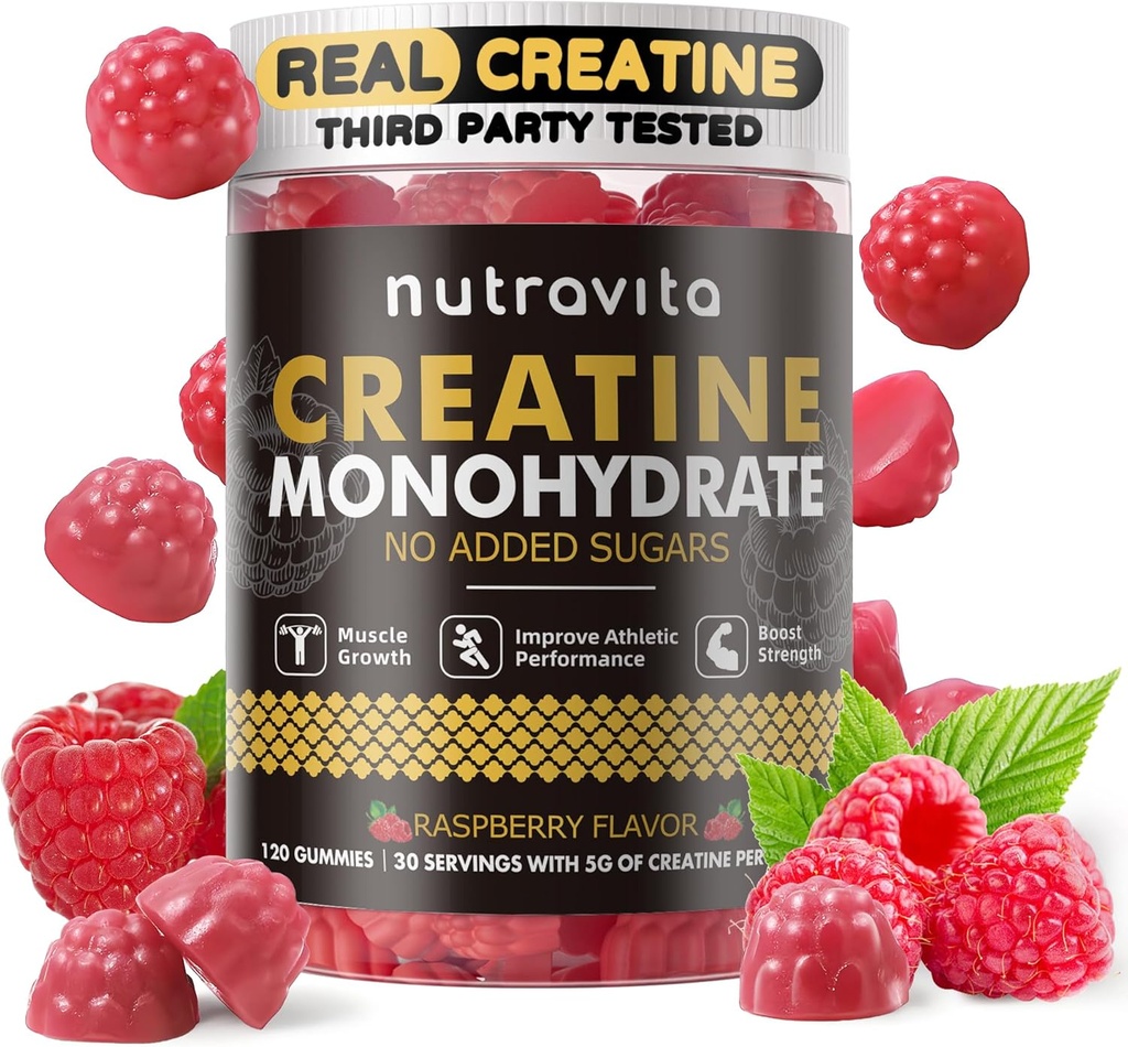 Nutravita Creatine Monohydrate Gummies for Men & Women-5g Creatine Monohydrate per Serving - Χωρίς ζάχαρη, Vegan, Raspberry Flavor, 120 Count