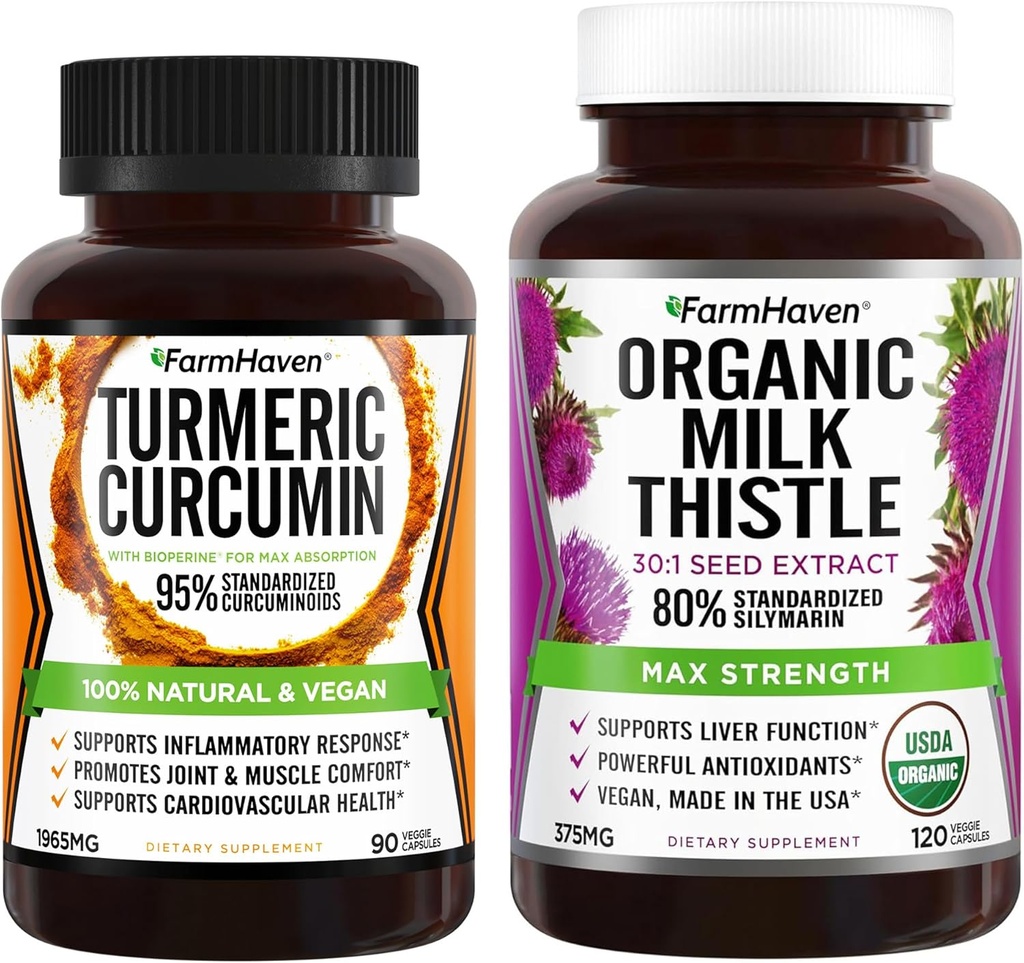 Farm Haven Milk Thistle 120 Capsules ve Turmeric Curcumin 90 Capsules