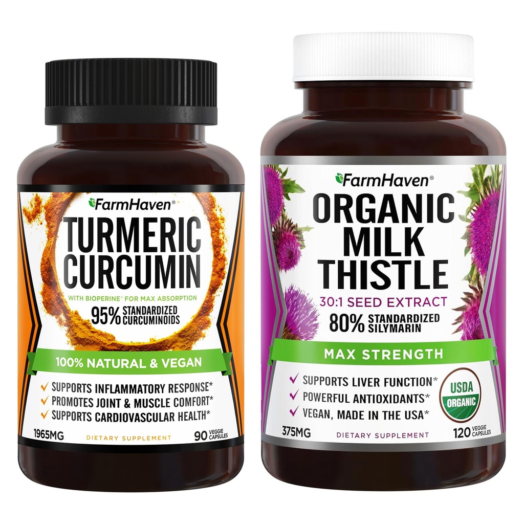 Farm Haven Milk Thistle 120 Capsules ve Turmeric Curcumin 90 Capsules
