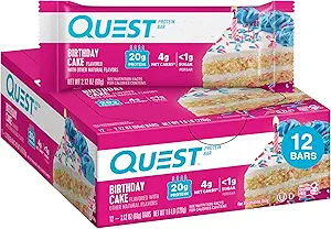 Quest Nutrition Birthday Cake Protein Bars, 20g Πρωτεΐνη, 1g Ζάχαρη, 4g Καθαρά υδατάνθρακες, Χωρίς γλουτένη, Κίτο Φιλικό, 12 Count
