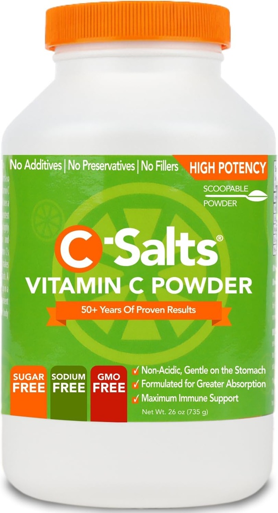 C-Salts Vitamin C Powder Supplement - 100% Pure Υψηλής Δόσης Ρυθμιζόμενη Βιταμίνη C Σκόνη για Ανοσολογική Υποστήριξη - Οργανική, Χωρίς Ζάχαρη, Vegan, Μη-GMO, Στομάχι-Φιλικά, Original 26 oz