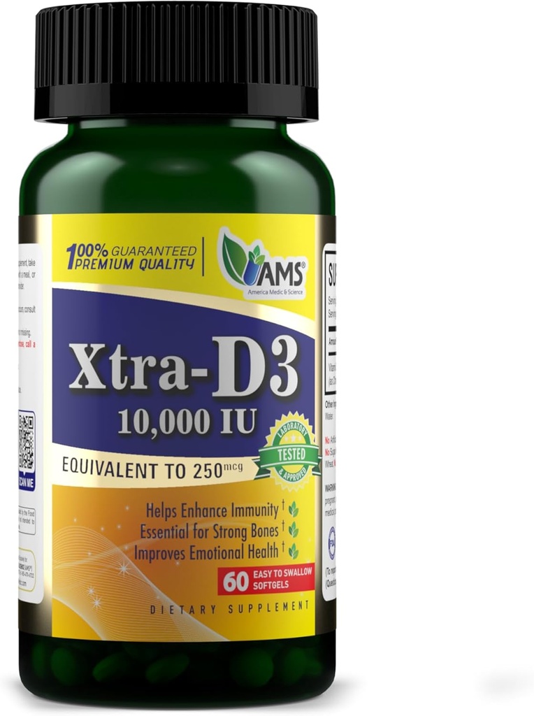 Amerika Medic & Science Xtra D3 Vitamin D10.000 IU (250 mcg) Erkekler ve Kadınlar için Cholecalciferol Supplement (60 Easy to Swallow Softgels) Bone, Heart Health, Immune System Support, Lung Function