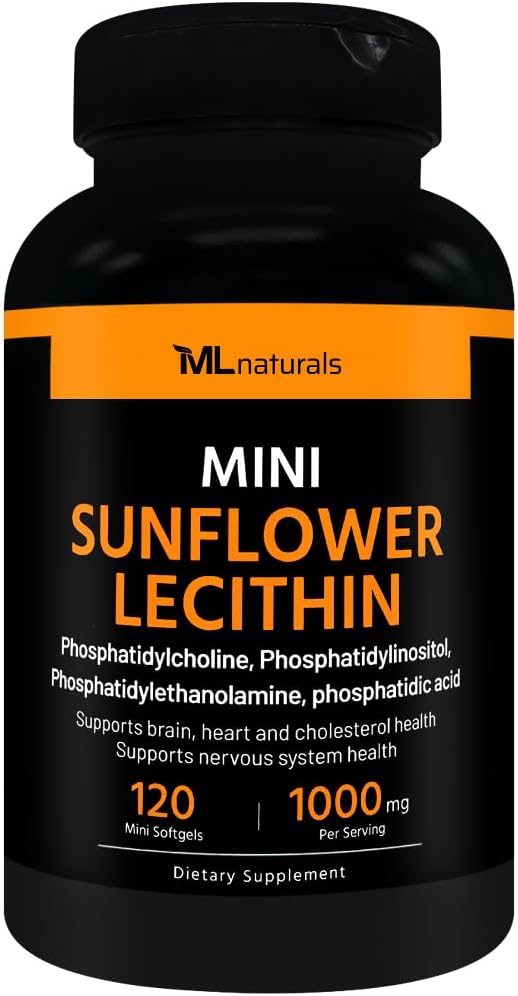 ML Naturals Mini Ηλίανθος Λεκιθίνη 1000 mg 120 Softgels, Easy to Swallow, Υποστηρίζει την υγεία του εγκεφάλου. Μη ΓΤΟ, NSF-Certified & cGMP- Compliant