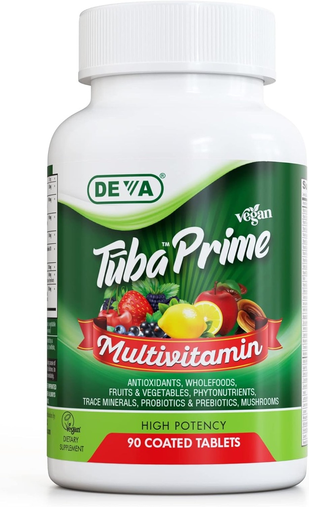DEVA Tuba Prime Vegan Multivitamin - Υψηλής ισχύος Βιταμίνη και Ορυκτά Συμπλήρωμα Διατροφής - Αντιοξειδωτικά, Φρούτα και Φυτικά Μείγμα, Σούπερ Μανιτάρια, Προβιοτικά, Προβιοτικά, Σπόροι, Βότανα - 90 δισκία