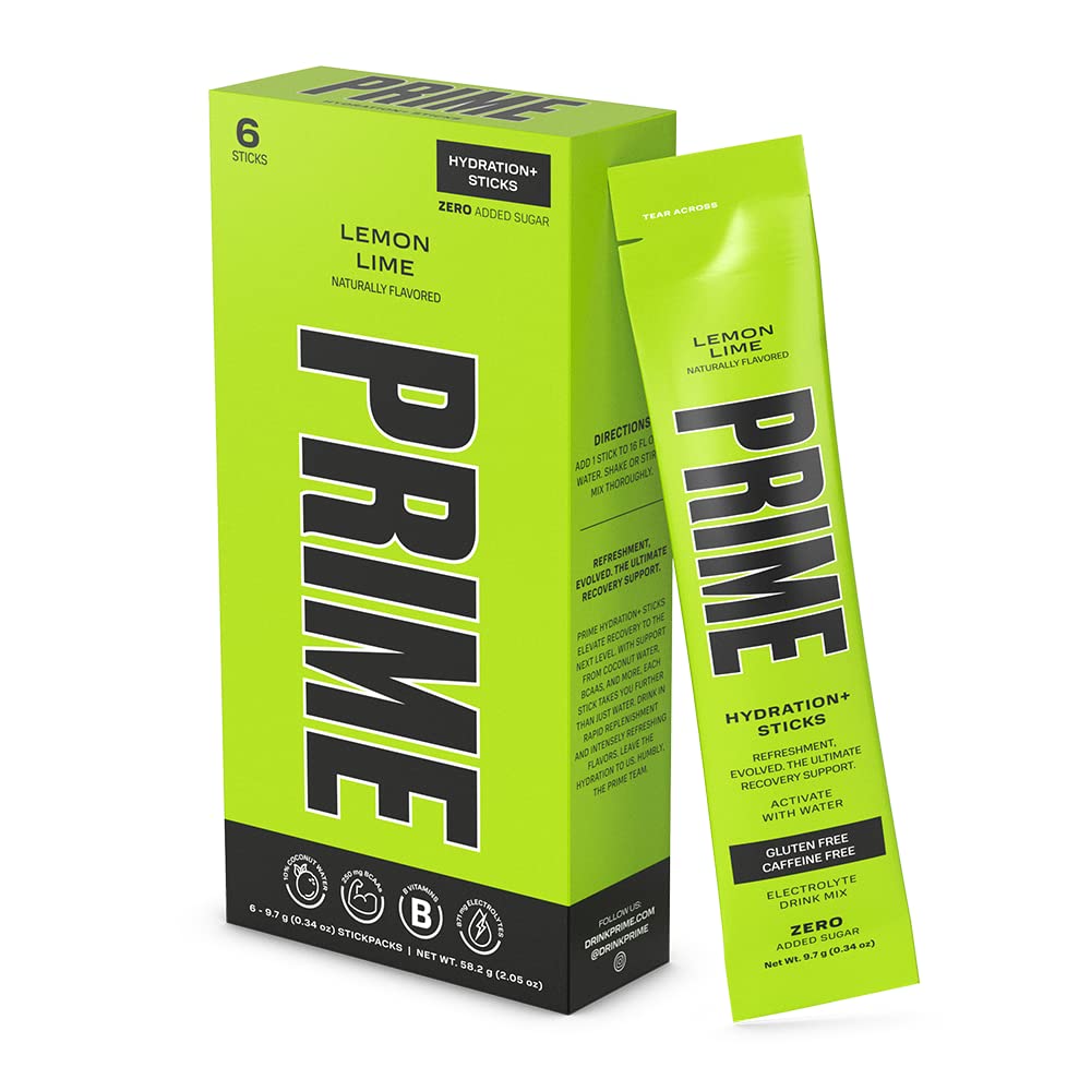 PRIME HYDRATION+ Sticks Lemon Lime | Hydration Toz Single Serve Sticks | Electrolyte Toz On The Go | Low Sugar | Caffeine-Free | Vegan | 6 Sticks