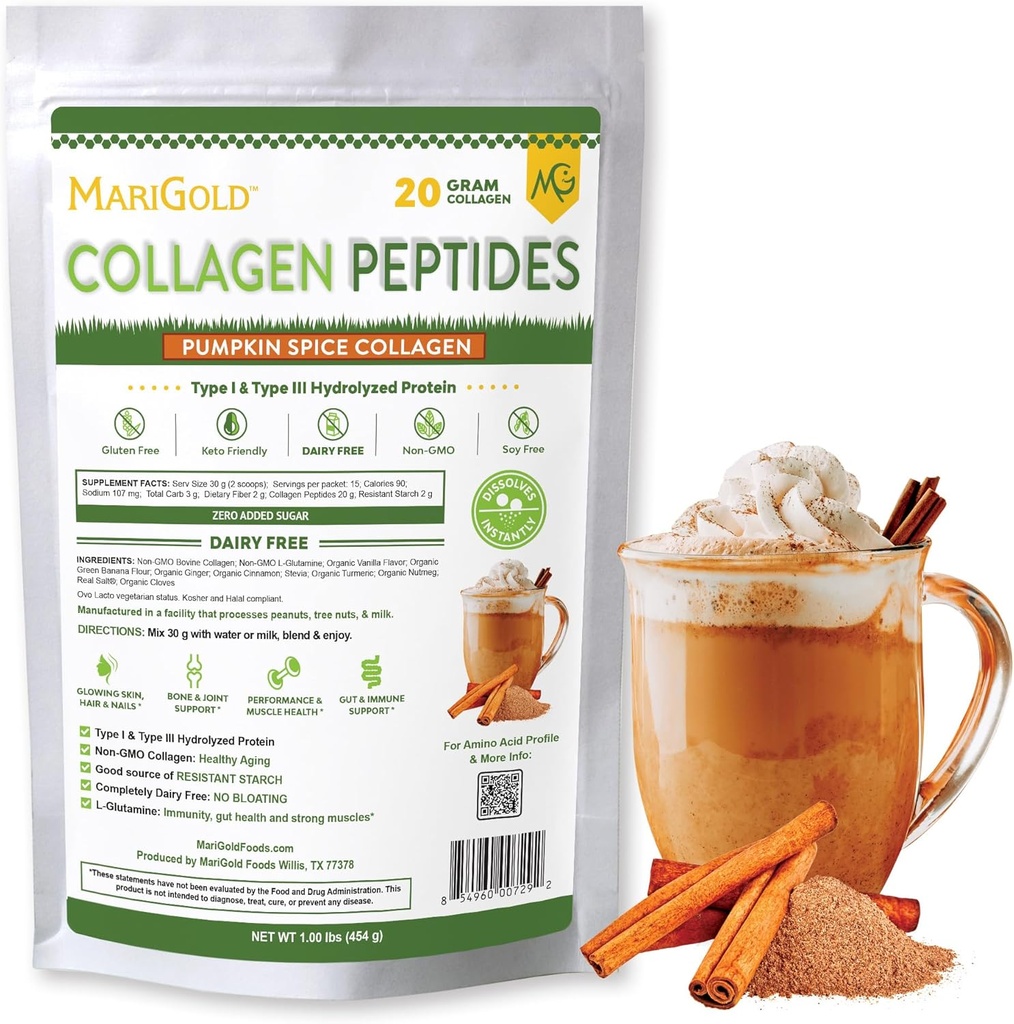 MariGold Grass-fed Collagen Peptides Powder Pumpkin Spice 1LB - 100% καθαρό, τύπου I & III Βοοειδή υδρολυμένο κολλαγόνο, μη-GMO, ορμονών δωρεάν, χωρίς σόγια, χωρίς γλουτένη, χωρίς γαλακτοκομικά, Κετο-φιλικά