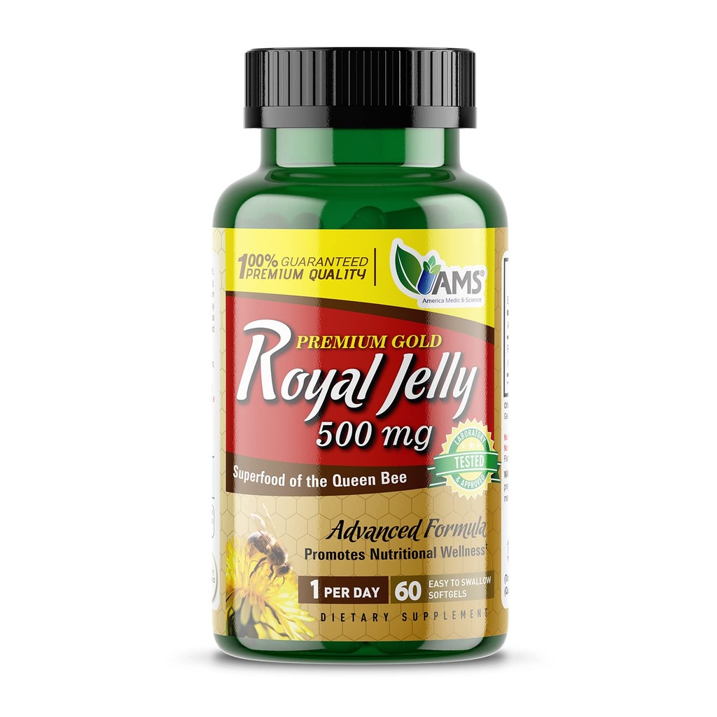 Amerika Medic & Science Royal Jelly 500 mg (60 softgels) | The Queen Bee | Diyetary Supplement for Women | Discovers Immunity and Ferttitude | Supports Skin, Liver, Heart, and Brain Health