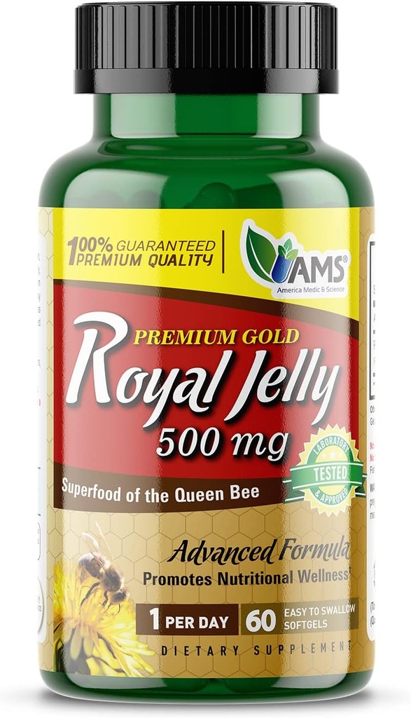 Amerika Medic & Science Royal Jelly 500 mg (60 softgels) | The Queen Bee | Diyetary Supplement for Women | Discovers Immunity and Ferttitude | Supports Skin, Liver, Heart, and Brain Health