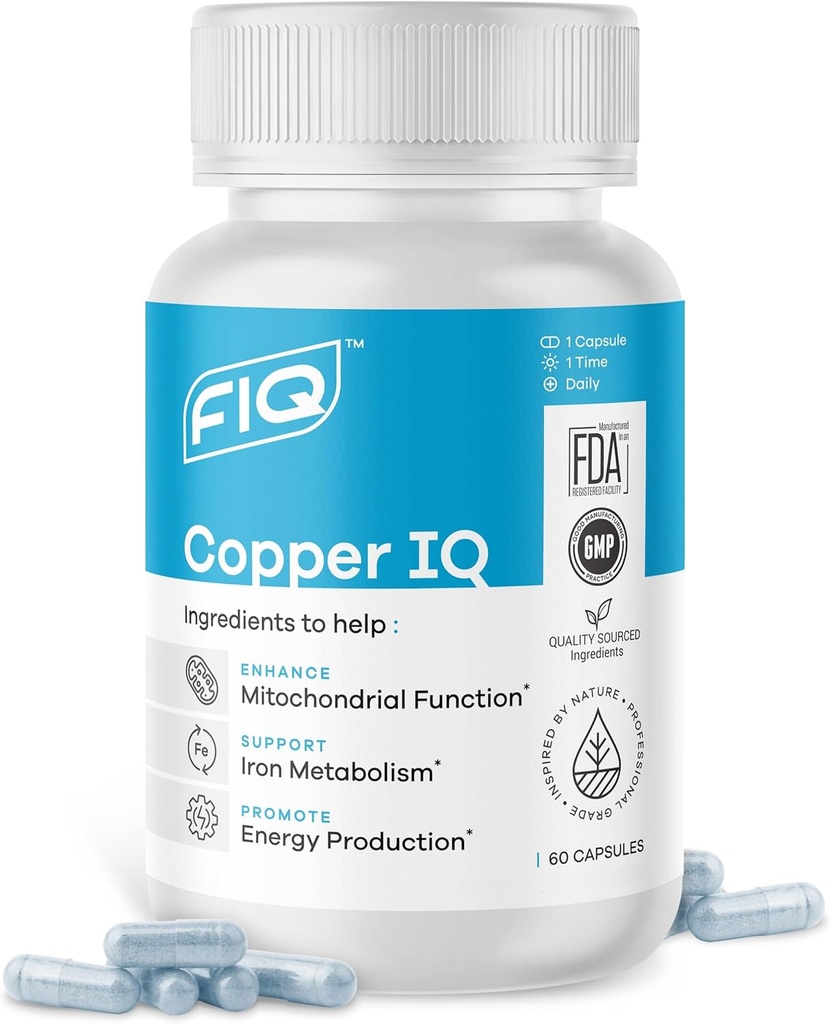 FIQ - Copper IQ - Συμπληρώματα χαλκού με Bisglycinate χαλκού - Ενεργειακή Υποστήριξη & Μιτοχονδριακή Υποστήριξη - Χηλικός χαλκός, Υψηλή Απορρόφηση - 60 κάψουλες