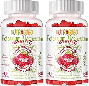 Potassium Magnesium Gummies,Potassium Supplement w/Ashwagandha,High Absorption Magnesium Glycinate,B6,D3,Potassium Citrate,Electroyte for Adults Kids,Sugar-Free, 60 Strawberry Chews